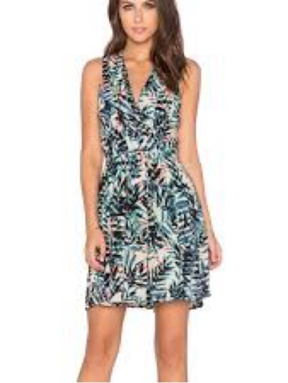 Greylin Anthropologie rayon tropical fern leaf print side zip mini dress, small.